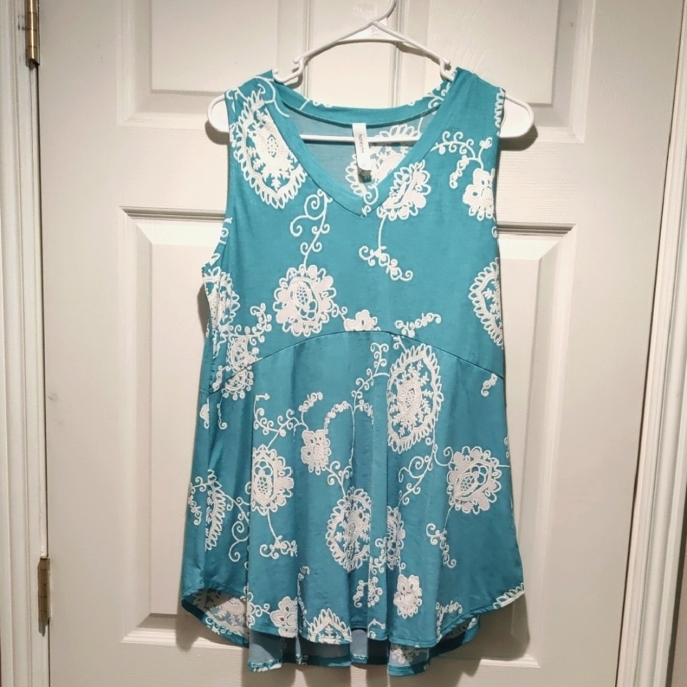 Honeyme Aqua Babydoll Top with Ivory Floral Pattern